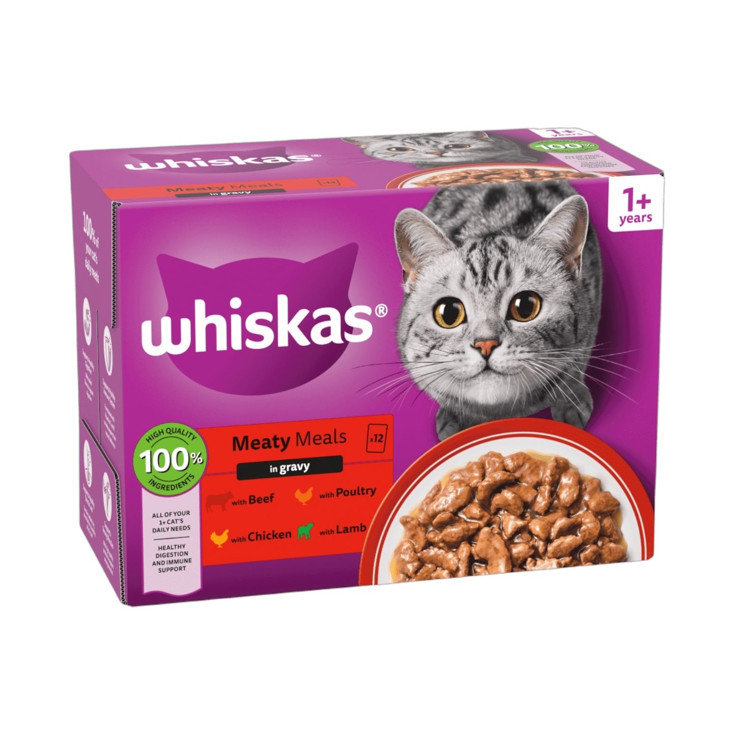 WHISKAS® 1+ Meaty Meals Adult Wet Cat Food Pouches in Gravy 12x85g