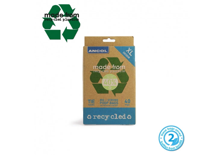 Ancol Made From Recycled Plastic Poop Bags Tie Handles XL 40 Pack