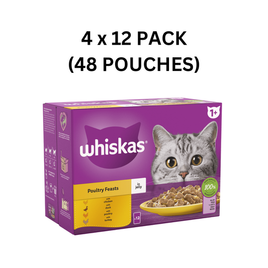 Whiskas 1+ Poultry Feasts in Jelly 4 x 12pk (48 Pouches)