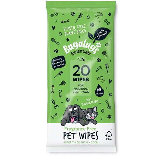 Bugalugs Fragrance Free Pet Wipes for Full Body, Bum & Paws (20)
