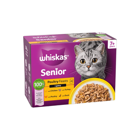 WHISKAS Senior 7+ POULTRY Feasts Wet Cat Food Pouches in Gravy 12 x 85g