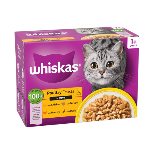 WHISKAS 1+ POULTRY Feasts Wet Cat Food Pouches in Gravy 12 x 85g