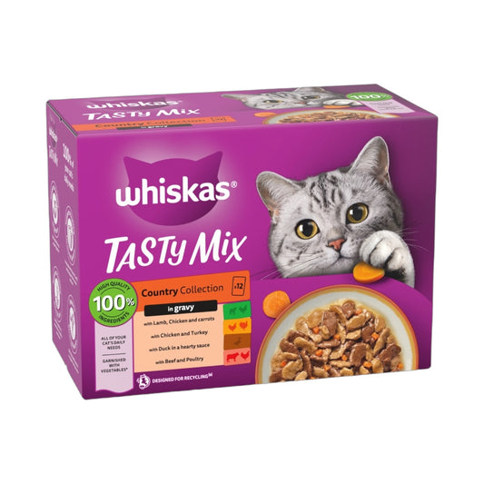 WHISKAS 1+ TASTY MIX Country Collection Wet Cat Food Pouches in Gravy 12 x 85g