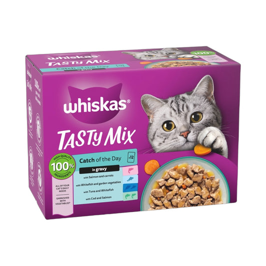 WHISKAS 1+ TASTY MIX Catch Of The Day Wet Cat Food Pouches in Gravy 12 x 85g