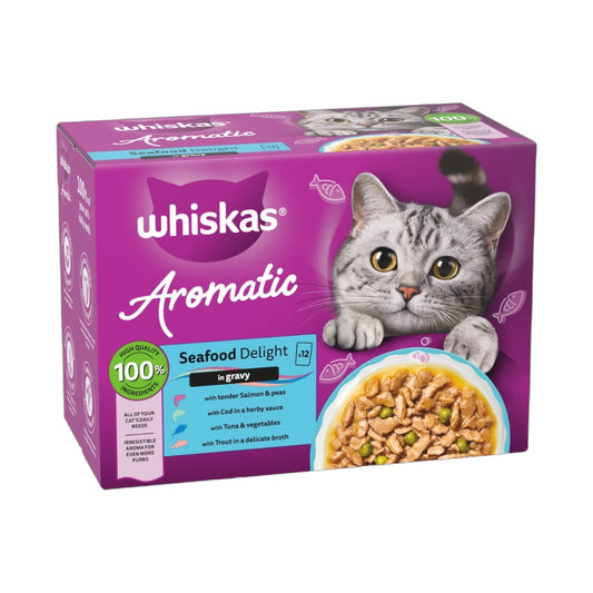 WHISKAS 1+ AROMATIC SEAFOOD Delight Wet Cat Food Pouches in Gravy 12 x 85g