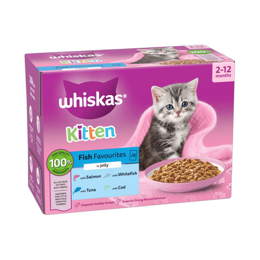 WHISKAS Kitten 2-12 Months FISH Favourites Wet Cat Food Pouches in Jelly 12 x 85g