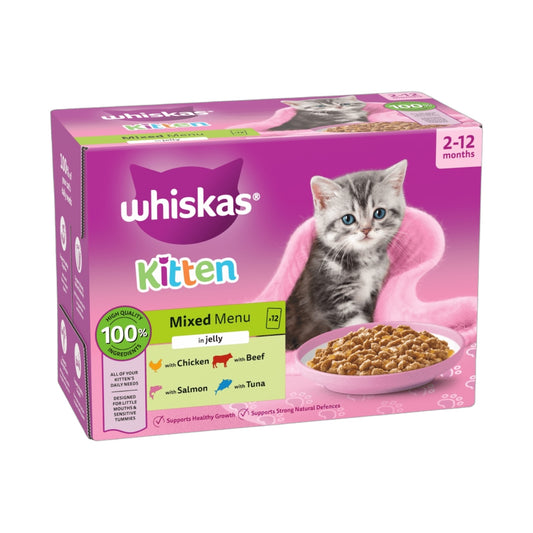 WHISKAS Kitten 2-12 mnths MIXED Menu Wet Cat Food Pouches in Jelly 12 x 85g